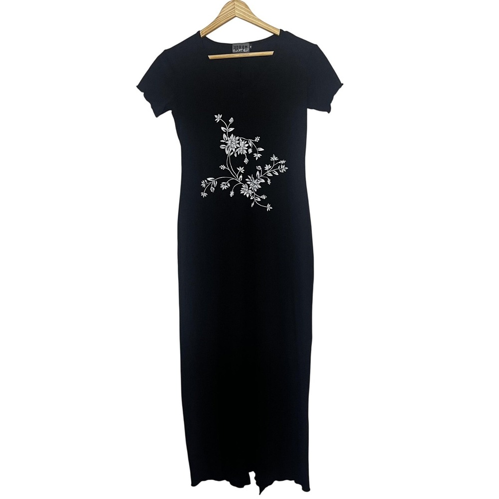 Urban Logic Y2K Dress Womens M Black Maxi Floral Lettuce Hem Asian Whimsigoth